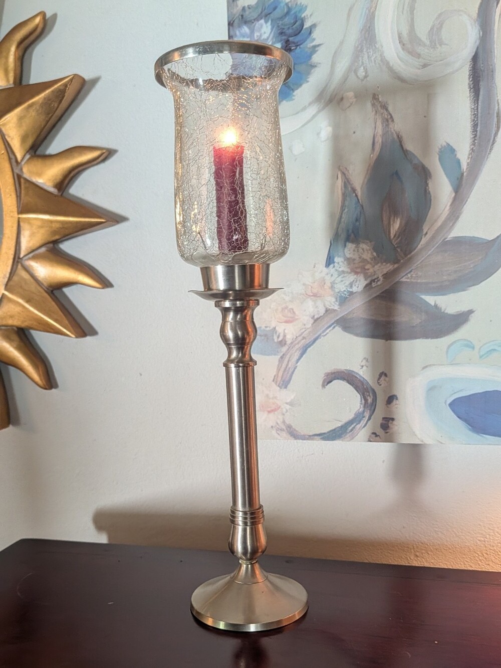 Vintage Brushed Nickel Hurricane Candle Stick Holder 16 3/4" Crackle Glass EUC